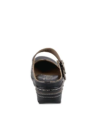 L Artiste Women s Aneria Hand-Painted Leather Clogs with Floral Laser Cutouts, Adjustable Buckle & Contrast Stitching