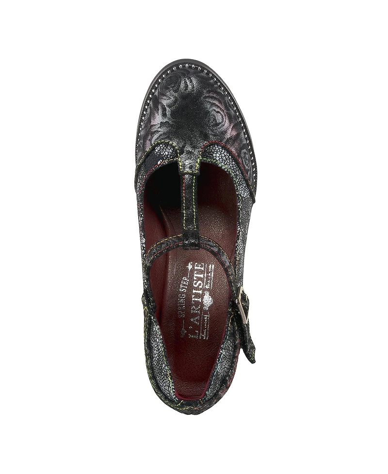 L Artiste Women s Mazie Closed-Toe T-Strap Heels Floral Metallic and Mosaic Leather with Decorative Buckle Stacked Heel – French-Inspire
