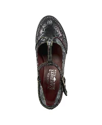 L Artiste Women s Mazie Closed-Toe T-Strap Heels Floral Metallic and Mosaic Leather with Decorative Buckle Stacked Heel – French-Inspire