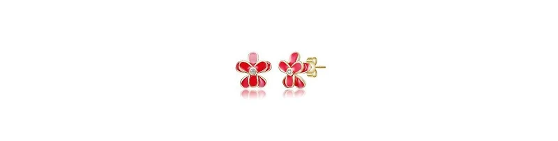 GiGiGirl 14K Gold Plated with Red Enamel Flower & Clear Cubic Zerconia Stud Earrings