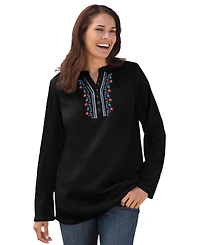 Woman Within Plus Embroidered Thermal Henley Tee