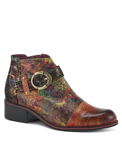 L Artiste Women s Georgiana-scope Western Booties with Handpainted Abstract Leather, Buckle Accent & Rainbow Stitching