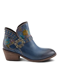 L'Artiste Women's Daintylady Western Ankle Boots with Hand-Painted Floral Embossing, Studded Belt Detail, Side Zipper, and 2¼" Heel –