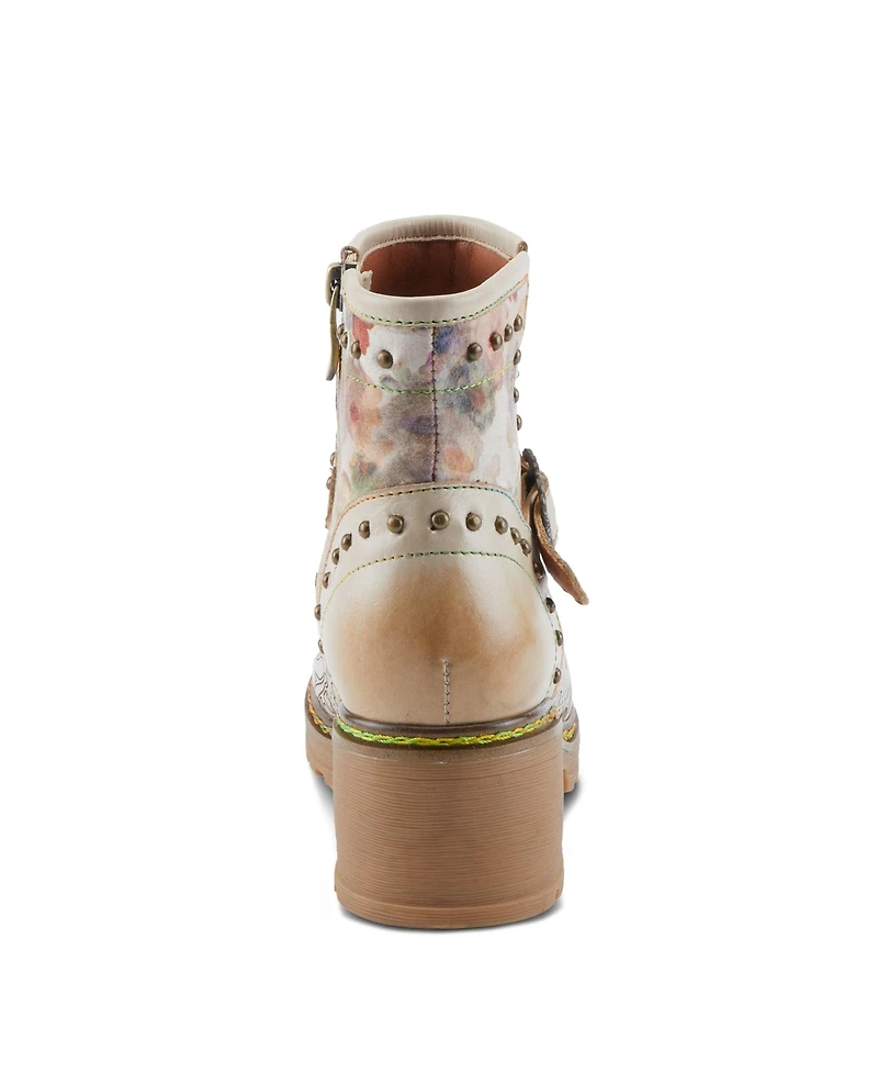 L'Artiste Women's Branchout Hand-Painted Leather Booties with Etched Botanical Motifs, Studded Buckle Strap, Inside Zipper, and Rainbow Stitching