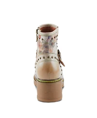 L'Artiste Women's Branchout Hand-Painted Leather Booties with Etched Botanical Motifs, Studded Buckle Strap, Inside Zipper, and Rainbow Stitching