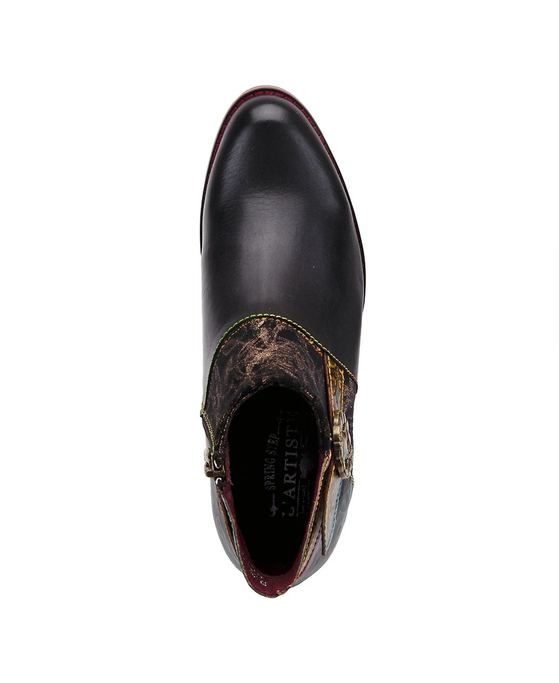 L'Artiste Women's Tiatia Hand-Painted Leather Ankle Boots with Asymmetrical Buckle Strap, Embossed and Suede Panels, Block Heel, Side Zipper – Fre