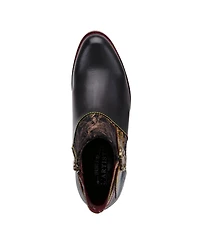 L'Artiste Women's Tiatia Hand-Painted Leather Ankle Boots with Asymmetrical Buckle Strap, Embossed and Suede Panels, Block Heel, Side Zipper – Fre