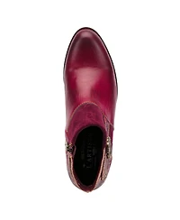 L'Artiste Women's Tiatia Hand-Painted Leather Ankle Boots with Asymmetrical Buckle Strap, Embossed and Suede Panels, Block Heel, Side Zipper – Fre