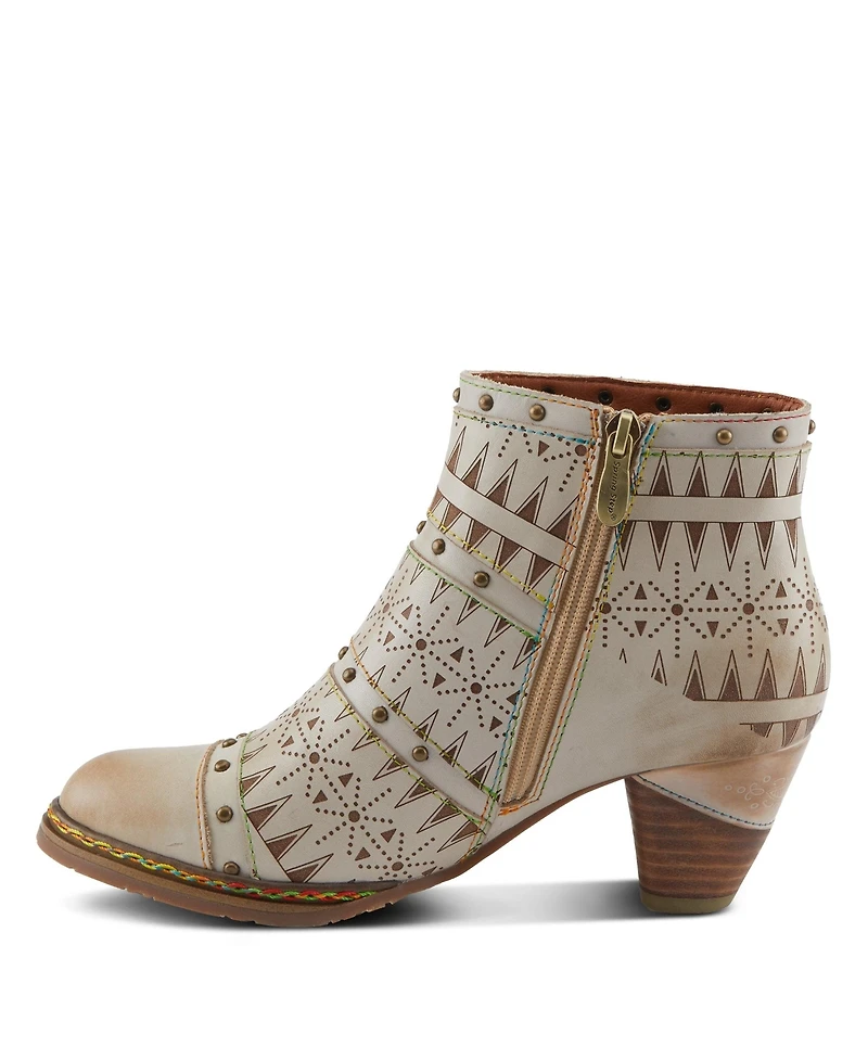 L'Artiste Women's Niobe Leather Ankle Boots with Burnished Finish, Gold Studs, Etched Patterns, Inside Zipper, and Rainbow Stitching – Artisan