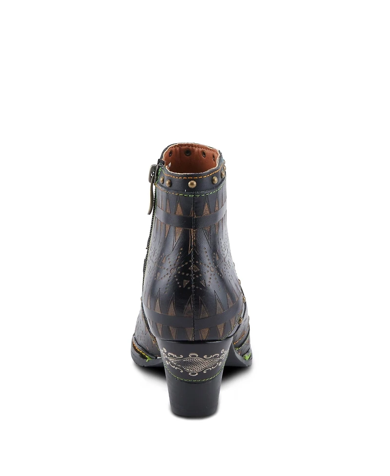 L'Artiste Women's Niobe Leather Ankle Boots with Burnished Finish, Gold Studs, Etched Patterns, Inside Zipper, and Rainbow Stitching – Artisan