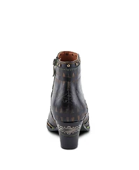 L'Artiste Women's Niobe Leather Ankle Boots with Burnished Finish, Gold Studs, Etched Patterns, Inside Zipper, and Rainbow Stitching – Artisan