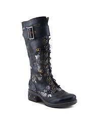 L'Artiste Women's Kisha-Boss Tall Leather Combo Boots with Lace-Up Front, Inside Zipper, Stretch Strap, and Lug Sole – Fashion Utility Style wi