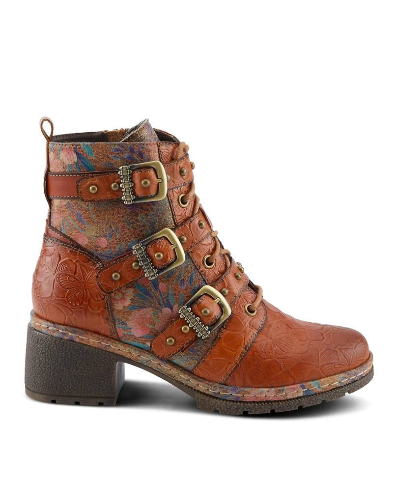 L'Artiste Women's Moonlit Leather Booties with Floral Embossing, Triple Buckle Straps, Inside Zipper, and Lug Sole – Velvet-Lined Statement Ank