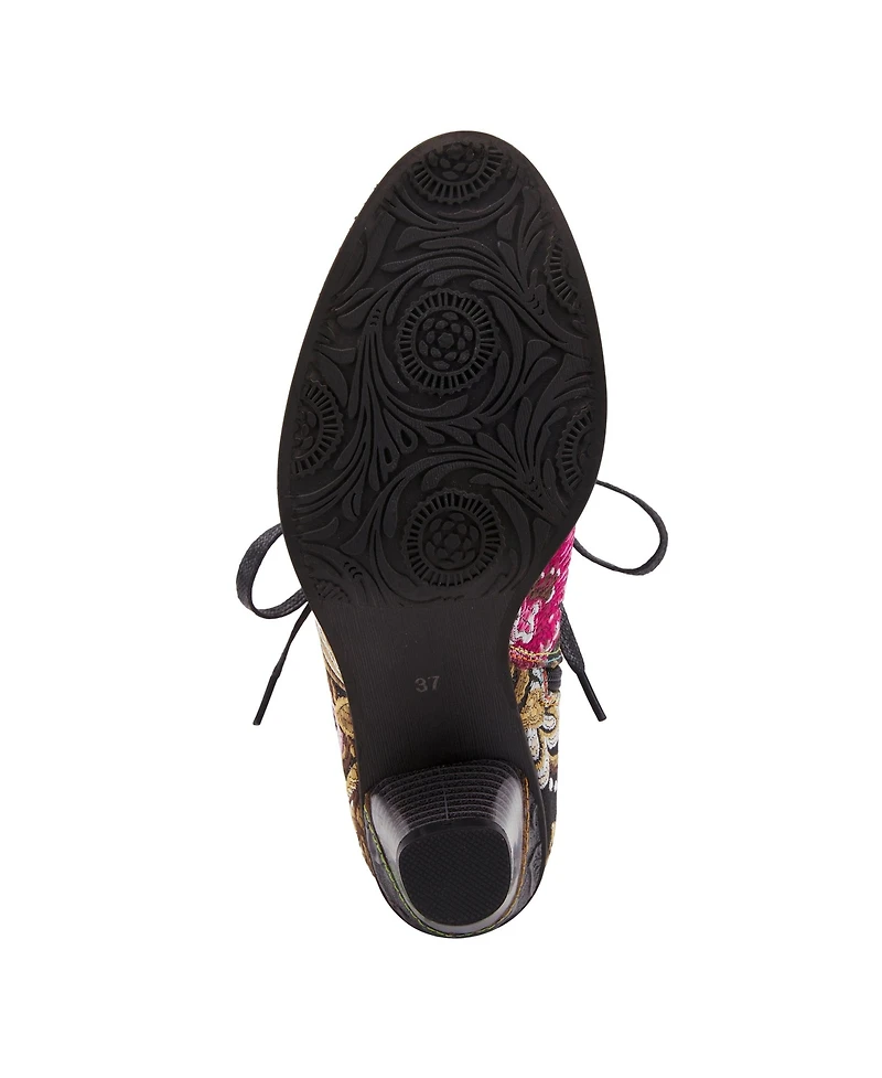 L'Artiste Women's Siren Embroidered Floral Lace-Up Booties with Embossed Leather, Scalloped Trim & Cone Heel