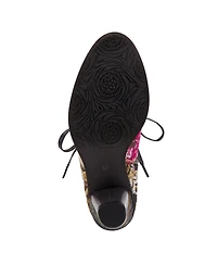 L'Artiste Women's Siren Embroidered Floral Lace-Up Booties with Embossed Leather, Scalloped Trim & Cone Heel