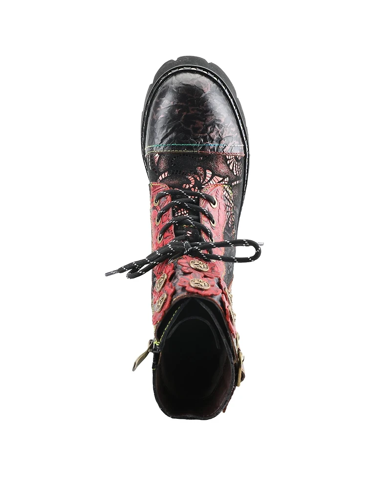 L Artiste Women s Limitless Leather Combat Boot with Floral Cutouts, Stud Accents & Rainbow Stitching
