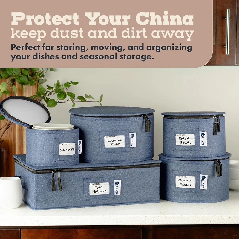 Hard Shell China Organizer with Dividers - Holds 12 Pieces - Durable & Stackable Storage Box for Seasonal Dishware Protection - Denim Blue