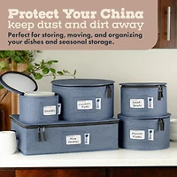 Hard Shell China Organizer with Dividers - Holds 12 Pieces - Durable & Stackable Storage Box for Seasonal Dishware Protection - Denim Blue