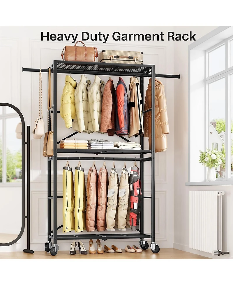 Clothes Rack Heavy Duty Clothes Rack with Shelves, Rolling Clothing Rack, Portable Collapsible with Lockable Wheels and Expandable Rod for Vendor Trad