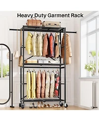 Clothes Rack Heavy Duty Clothes Rack with Shelves, Rolling Clothing Rack, Portable Collapsible with Lockable Wheels and Expandable Rod for Vendor Trad