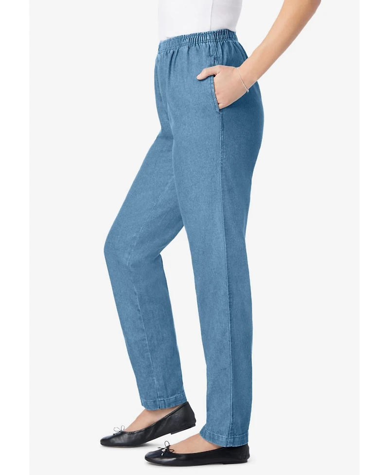 Woman Within Women's Petite Straight-Leg All-Cotton Denim Pull-On 7-Day Elastic-Waist Jeans