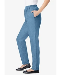 Woman Within Women's Petite Straight-Leg All-Cotton Denim Pull-On 7-Day Elastic-Waist Jeans