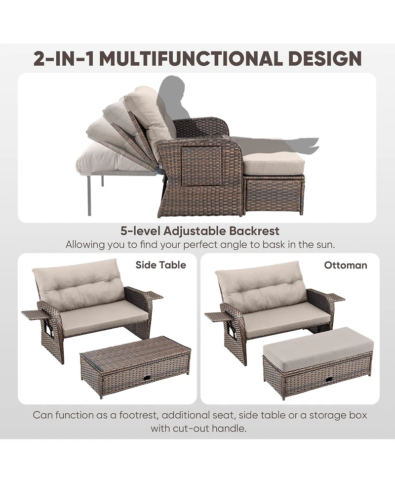 Gymojoy SleekArm 2-Person Wicker Outdoor Day Bed Set Patio Loveseat Sofa with Adjustable Backrest Cushions