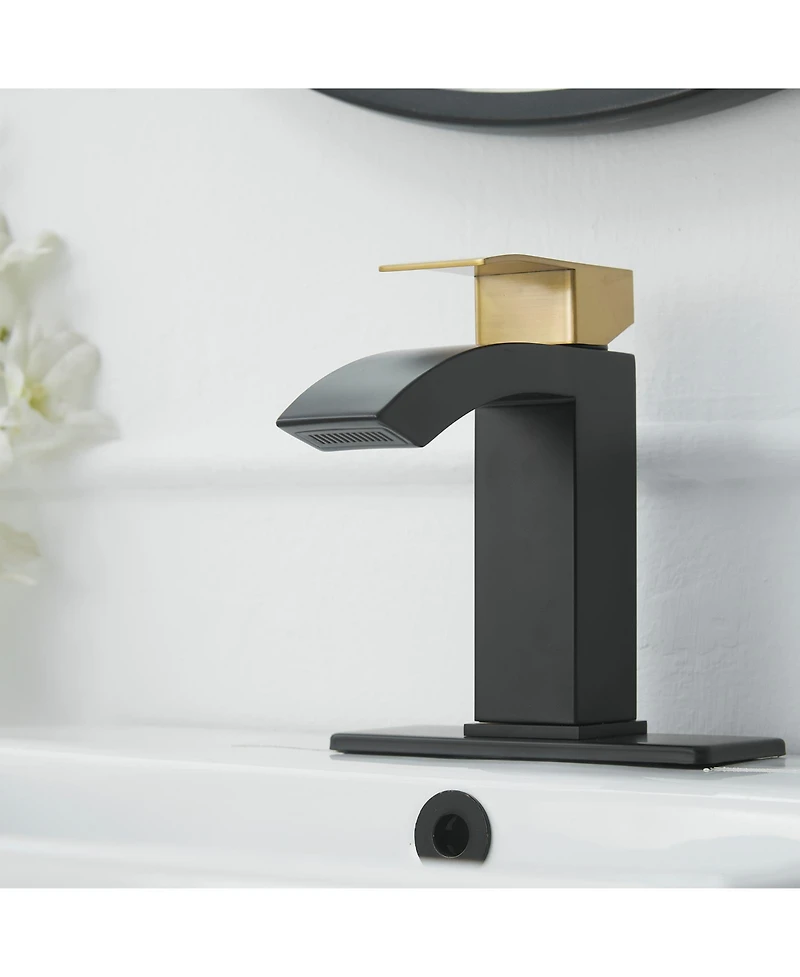 Greenspring Waterfall Single Hole Single-Handle Low-Arc Bathroom Sink Faucet With Pop-up Drain Assembly In Gold Black
