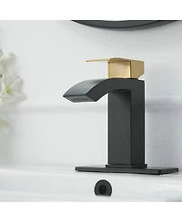Greenspring Waterfall Single Hole Single-Handle Low-Arc Bathroom Sink Faucet With Pop-up Drain Assembly In Gold Black