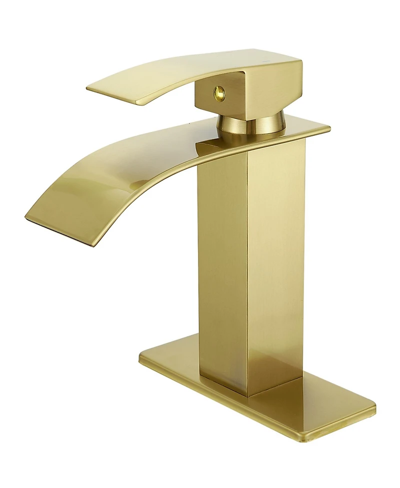 Greenspring Waterfall Single Handle Hole Modern Bathroom Faucet With Metal Drain Drip-Free Vanity Sink Brushed Gold