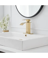 Greenspring Waterfall Single Handle Hole Modern Bathroom Faucet With Metal Drain Drip-Free Vanity Sink Brushed Gold