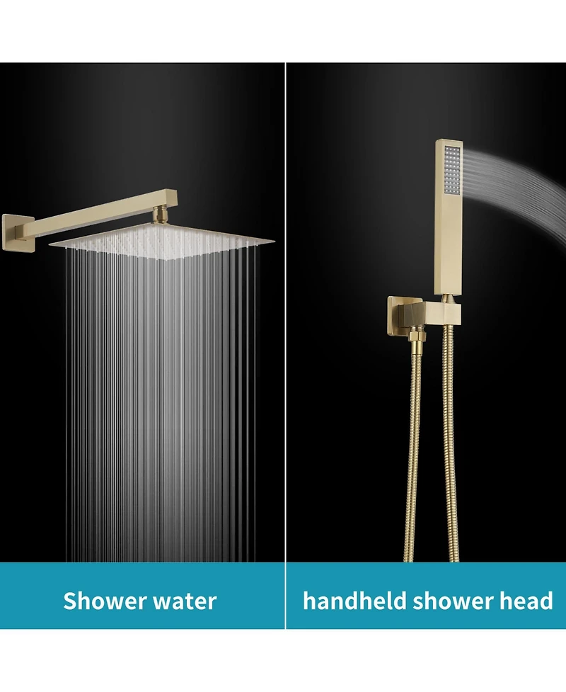 Luxurious Single Handle 2-Spray 12 in. Wall Mount Square Shower Head with Hand Shower Faucet in Brushed Gold
