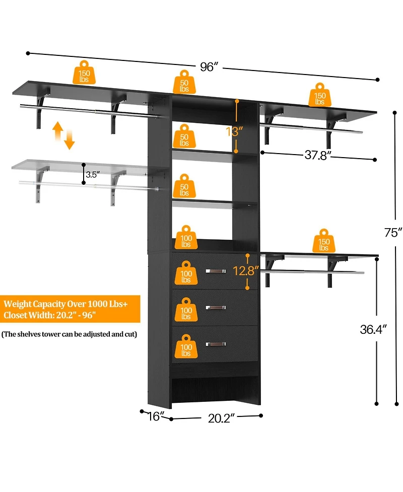 8FT Walk Closet Organizer with 3 Shelving Towers, Heavy Duty Clothes Rack Drawers