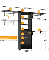 8FT Walk Closet Organizer with 3 Shelving Towers, Heavy Duty Clothes Rack Drawers