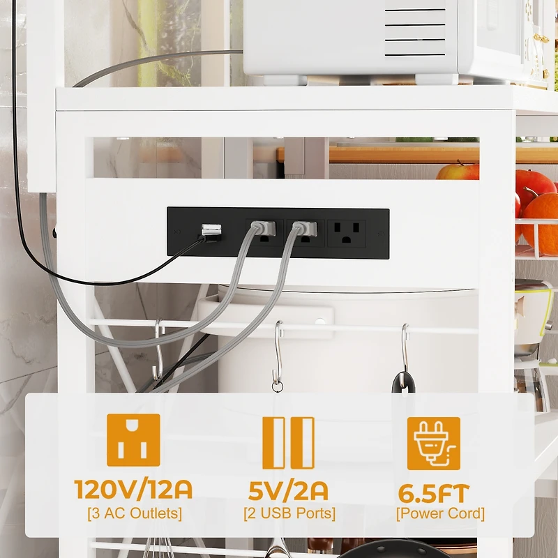 Aheaplus Kitchen Storage Shelf with Hooks, Coffee Bar Station with Power Outlets & Led Light, Bakers Rack with Pull-Out Basket