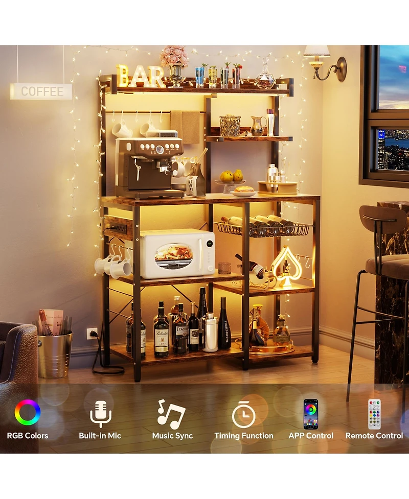 Kitchen Storage Shelf with Hooks, Coffee Bar Station Power Outlets & Led Light, Bakers Rack Pull-Out Basket