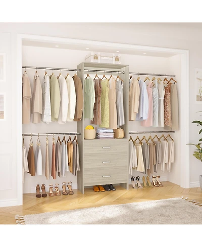 2-8 Ft Adjustable Closet System with 3 Wood Drawers and 4 Retractable Hanging Rods