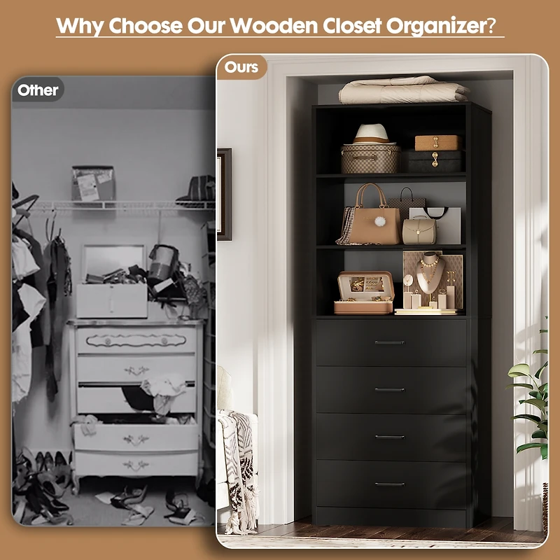 21.3" Closet Drawer System, Walk-in Closet Tower with 4 Wooden Drawers and Shelves