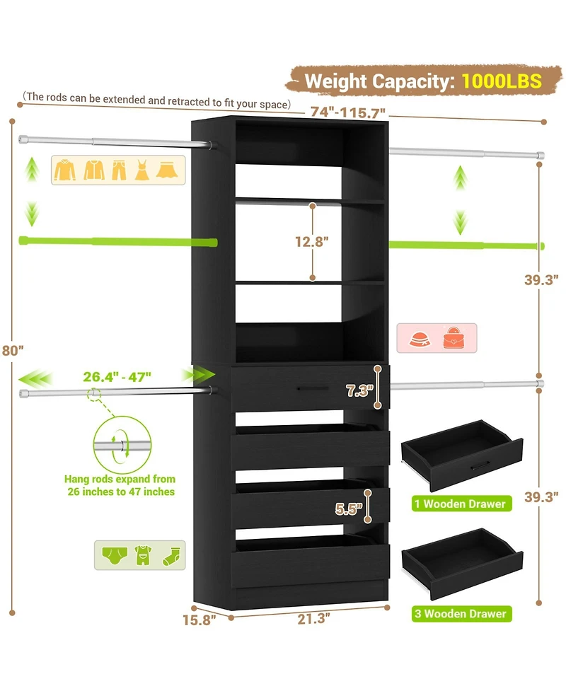 Aheaplus 8FT Wall Mounted Closet System with 4 Drawers and Hanging Rods, Garment Rack Shelves