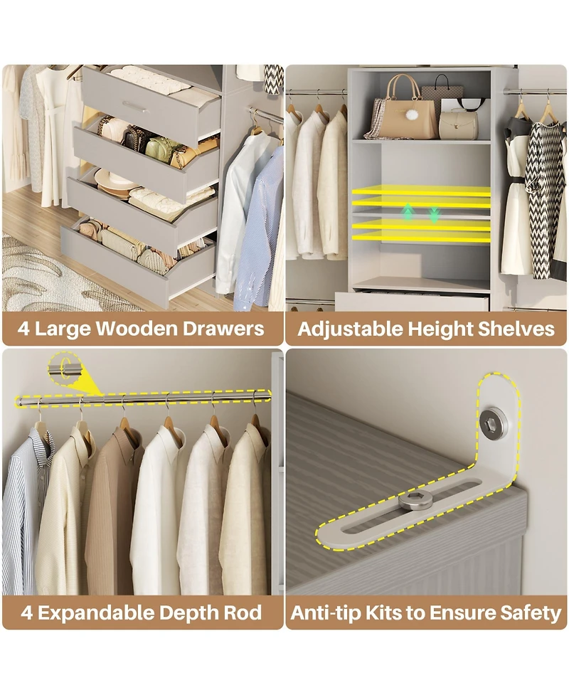 Aheaplus 8FT Wall Mounted Closet System with 4 Drawers and Hanging Rods, Garment Rack Shelves
