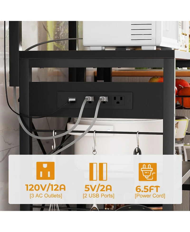 Kitchen Storage Shelf with Hooks, Coffee Bar Station Power Outlets & Led Light, Bakers Rack Pull-Out Basket
