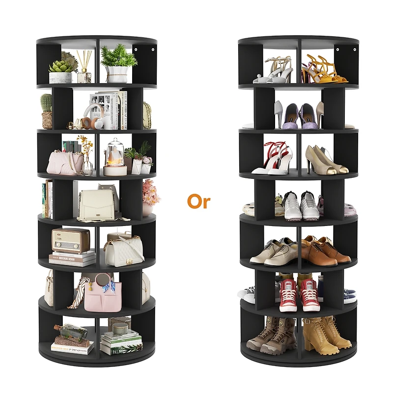 7-Tier Rotating Shoe Rack, 360° Display Wooden Revolving Rack Tower