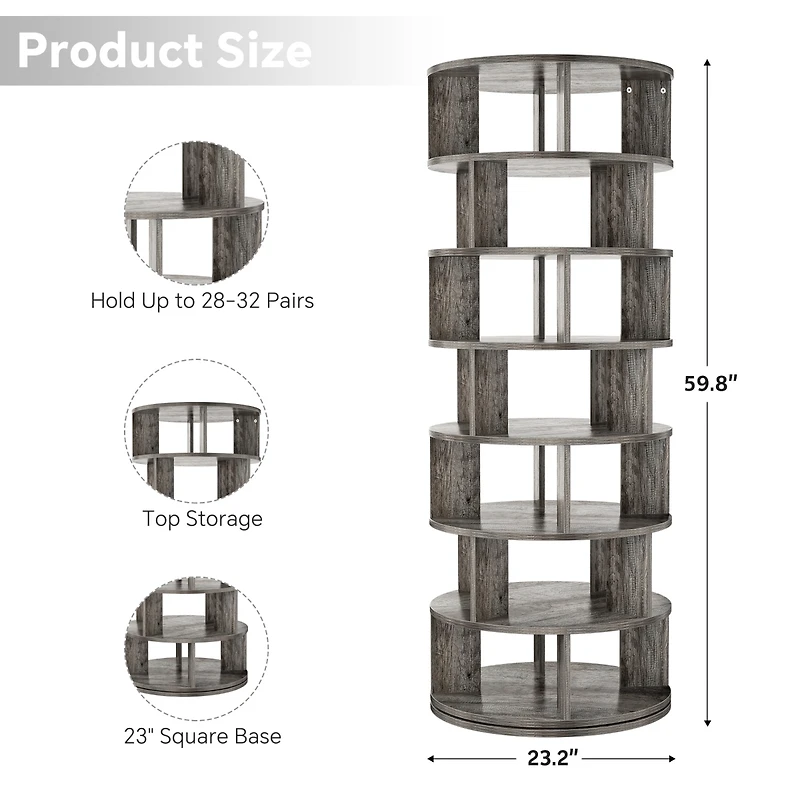 7-Tier Rotating Shoe Rack, 360° Display Wooden Revolving Rack Tower