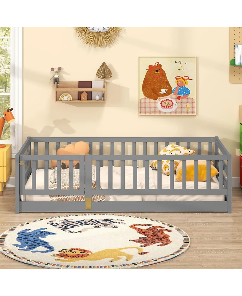 Gymax Twin Floor Bed w/High Fence & Door Safety Guardrails Wood Frame