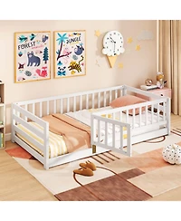Gymax Twin Floor Bed w/High Fence & Door Safety Guardrails Wood Frame