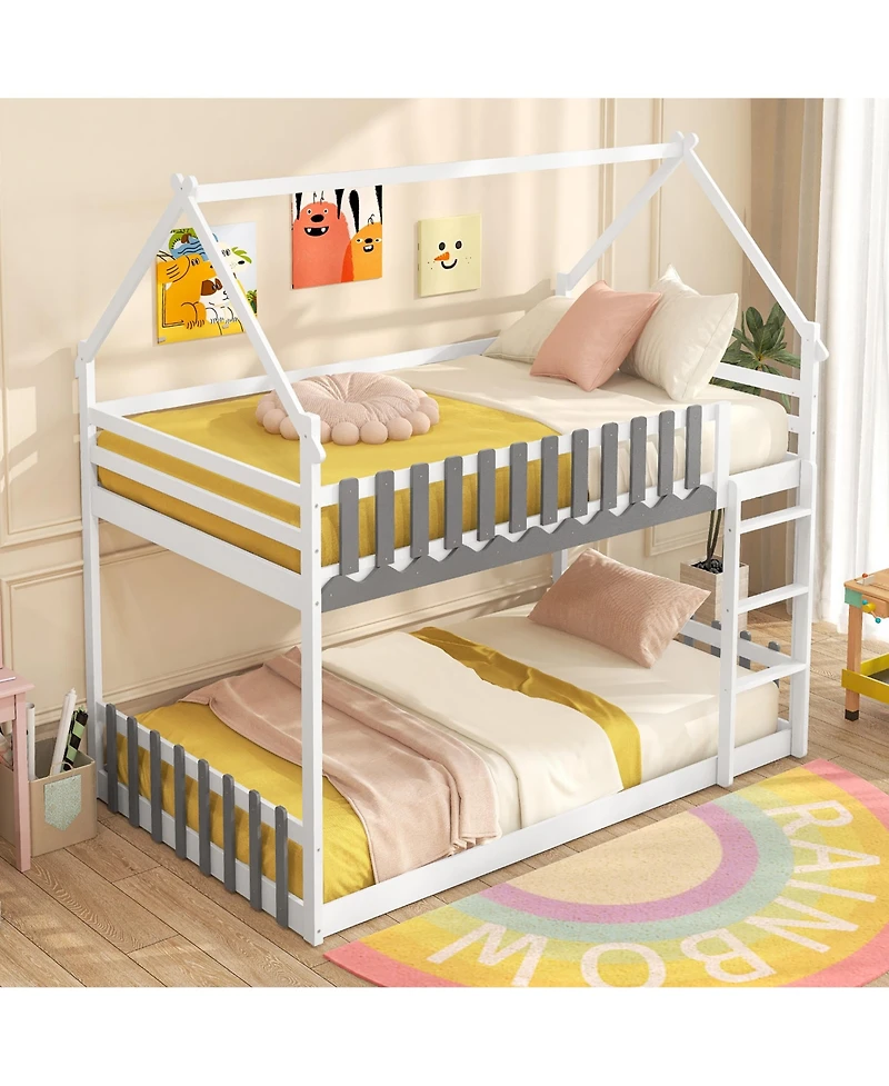 Gymax Twin Over Twin Bunk Bed w/ Fence & Ladder Solid Wood Floor Bunk Bed for Kids