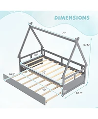 Gymax Twin Size House Bed w/ Trundle Roof & Safety Guardrail Wood Slat Support