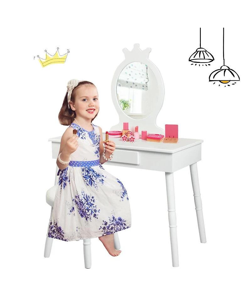Gymax Kids Vanity Makeup Table & Chair Set Make Up Stool Play Set for Children