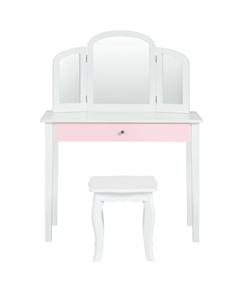 Gymax Kids Vanity Princess Make Up Dressing Table W/ Tri-folding Mirror & Chair