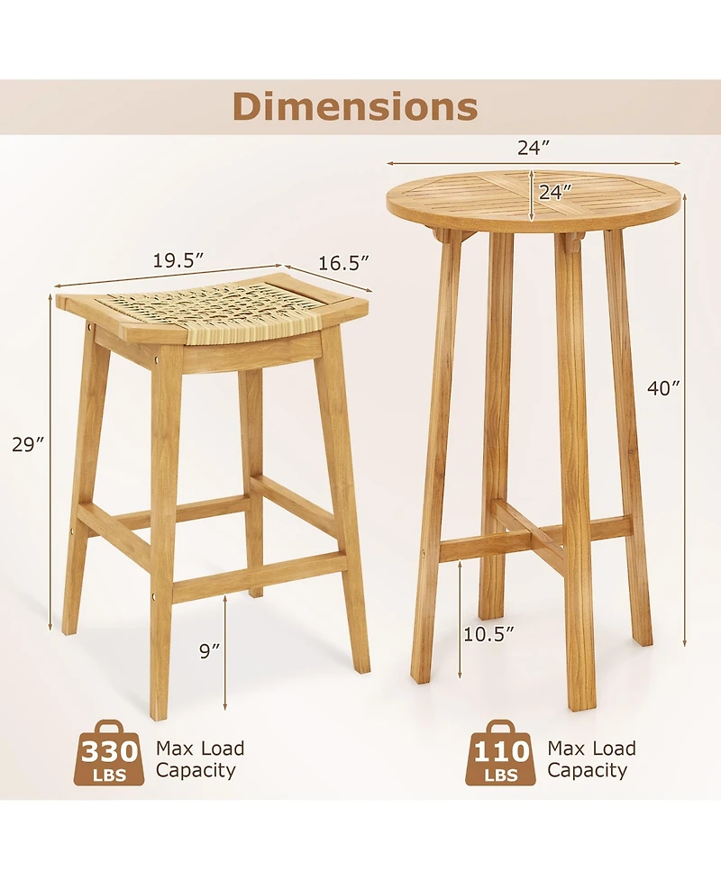 Gymax 3 Piece Patio Bar Set Round Cocktail Table w/ 2 Rattan Saddle Stools